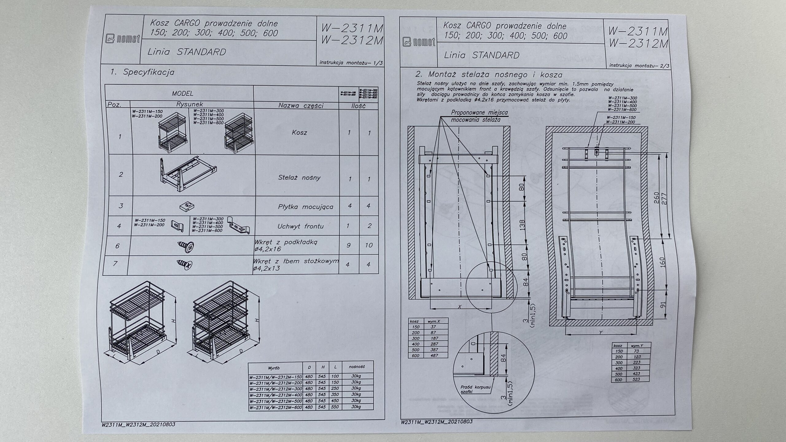 Kosz cargo mini 200 dwupoziomowy STANDARD, mocowanie dolne, P22 srebrny, NOMET W-2311M-200.P22 - obrazek 6